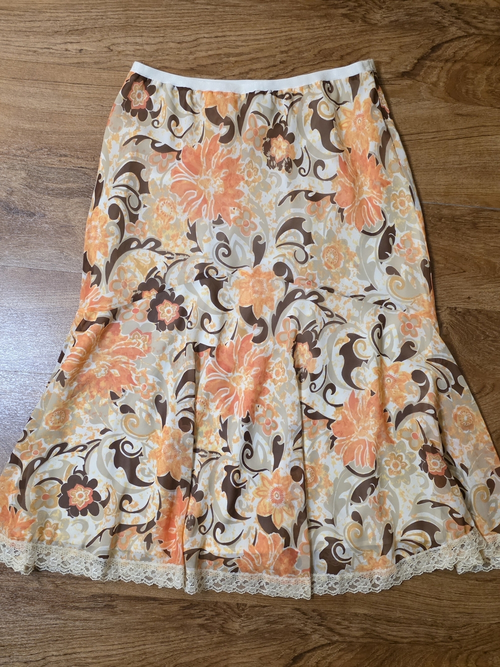 Y2K Nicole Miller Orange & White Paisley Floral Lace Trim Skirt